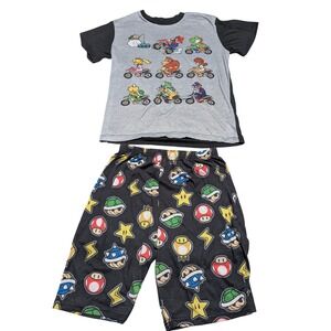 Mario Kart Pajama Set Kids L 12/14 Gray Black Short Sleeve Shirt Shorts Racing